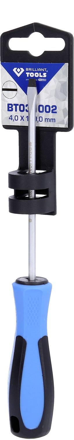 Schraubendreher mit blau-schwarzem Griff, Etikett mit Aufschrift 'BT03002 40x1,0 mm' befestigt.