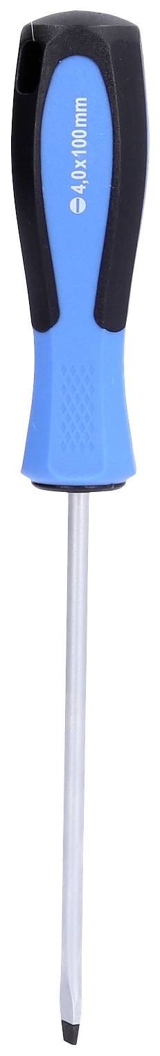 Ein blauer Schraubenzieher mit schwarzem Griff und einem langen, schlanken Schaft.