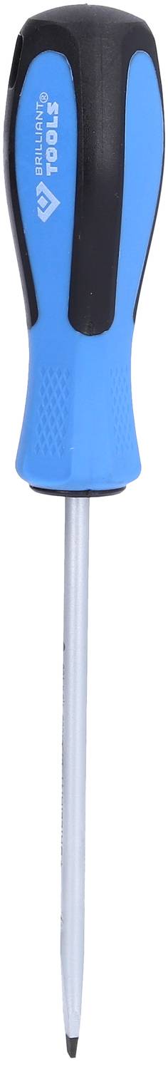 Ein blauer Schlitzschraubenzieher mit schwarzem Griff, liegend. Der Griff hat eine rutschfeste Oberfläche und der Schaft ist aus Metall.