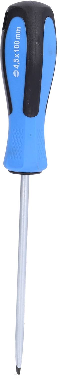 Ein blauer Schraubendreher mit schwarzem Griff und Schlitzklinge, geeignet für Arbeiten mit Schlitzschrauben.