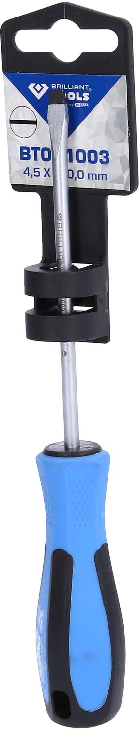 Schraubendreher mit blau-schwarzem Griff an einer Verpackung, auf der 'BTO 1003, 4.5 x 100 mm' steht.