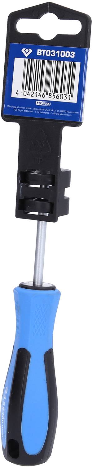 Ein blauer Schraubendreher mit schwarzem Griff und einer Halterung. Etikett mit Barcode und Nummer 'BT031003' oben angebracht.