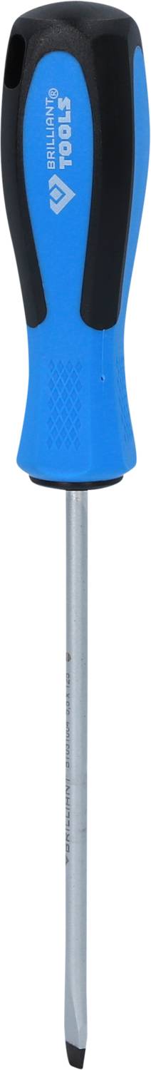Blauer Schraubendreher mit schwarzem Griff und silberner Spitze, geeignet für Schlitzschrauben. Marke und Logo auf dem Griff sichtbar.
