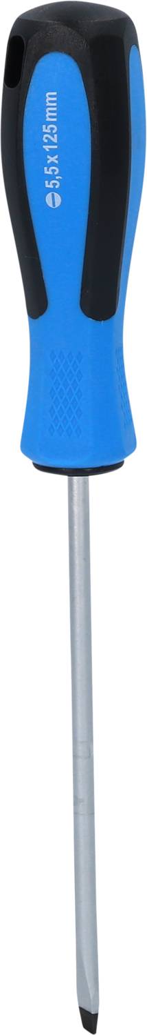 Ein blauer Schraubenzieher mit schwarzem Griff und einer flachen Spitze zur Bearbeitung von Schrauben.