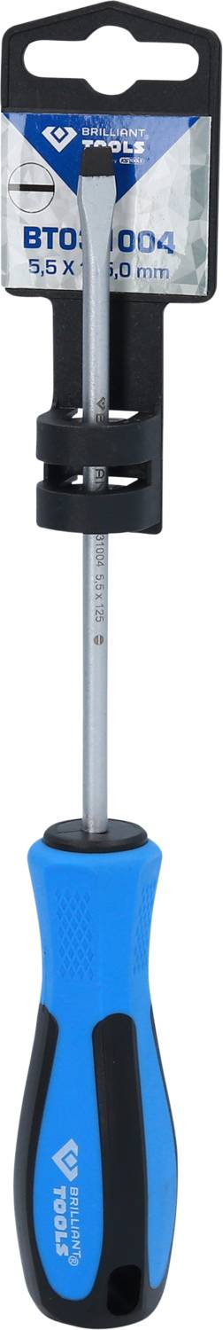 Blauer Schraubendreher mit schwarzem Griff und silberner Klinge, Marke stahlwille, Größe 5,5 x 100 mm, an Verkaufsaufhängung fixiert.