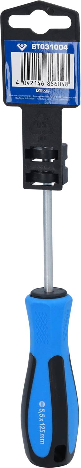 Ein blauer Schraubendreher mit schwarzem Griff, an dem eine Verpackung mit der Aufschrift 'BT031004' befestigt ist.