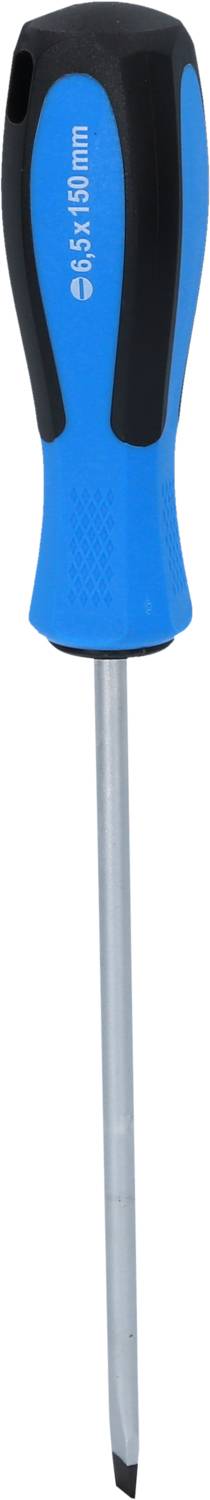 Blauer Schraubendreher mit schwarzem Griff, zeigt eine flache Spitze.