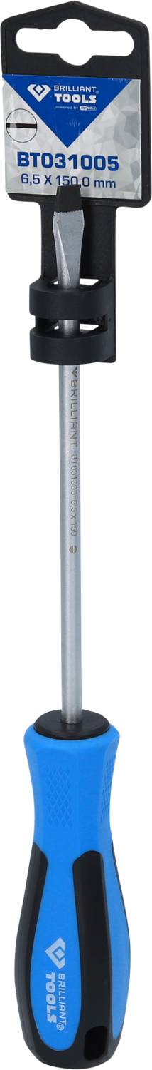 Schraubendreher mit blau-schwarzem Griff, Metallklinge, geeignet für Schlitzschrauben. Verpackung oben mit Produktdetails.