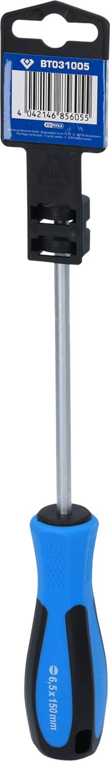 Ein blauer Schraubendreher mit schwarzem Griff und Verpackung im Hintergrund. Das Etikett zeigt einen Barcode und eine Seriennummer.