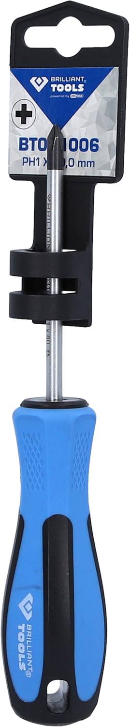 Ein Kreuzschlitz-Schraubendreher mit blau-schwarzem Griff. Auf der Verpackung steht 'BT 1006 PH1 x 80 mm'.