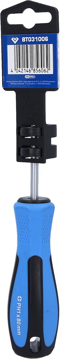 Schraubendreher mit blau-schwarzem Griff und Barcode-Tag.