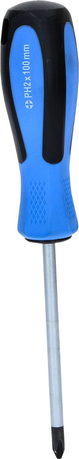 Kreuzschlitz-Schraubendreher mit blauem ergonomischem Griff, 0 PH2 x 100 mm. Geeignet zum Lösen oder Befestigen von Schrauben.