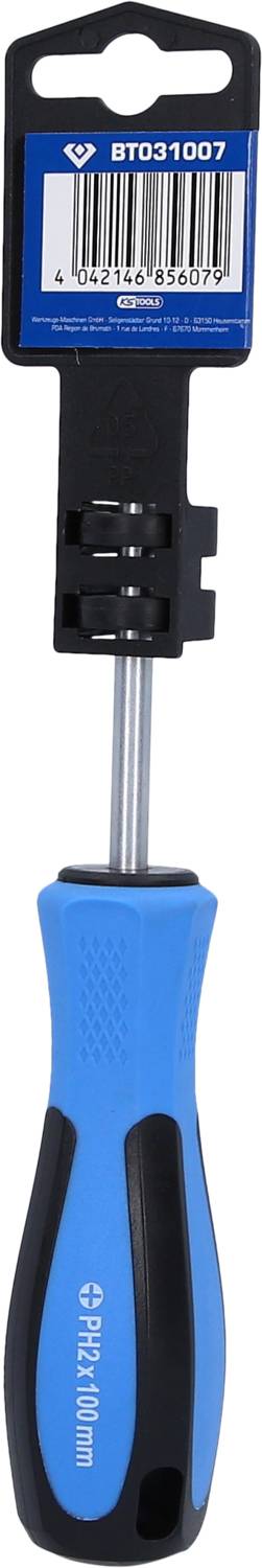 Ein blauer Schraubendreher mit schwarzem Griff und Magnetfunktion. Die Verpackung zeigt einen Barcode und die Aufschrift 'BT031007'.