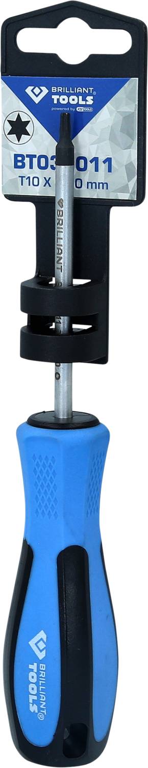 Schraubendreher mit blau-schwarzem Griff und austauschbarem Bit, auf einer Verpackung mit den Maßen '110 x 50 mm'.