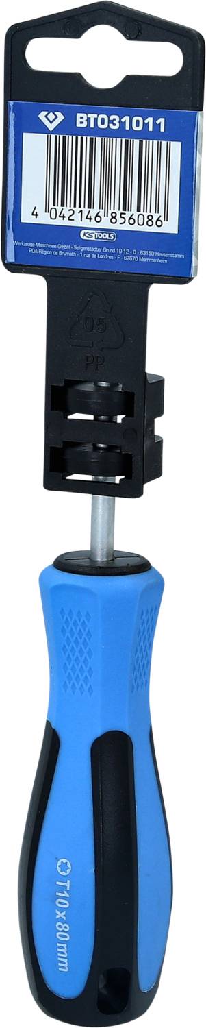 Schraubendreher mit blau-schwarzem Griff und schwarzem Schaft. Oben ist ein Etikett mit Barcode und der Nummer 'BT031011' befestigt.