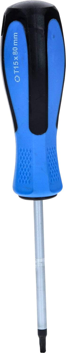 Blauer Schraubendreher mit schwarzem Griff und Metallspitze, gekennzeichnet mit 'PH 3x80 mm'.