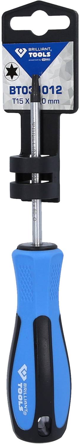 Blauer Schraubendreher mit schwarzem Griff und grauer Spitze. Verpackungsaufdruck zeigt 'BT03 2012, T15 x 100 mm' und eine schwarze Sternform.
