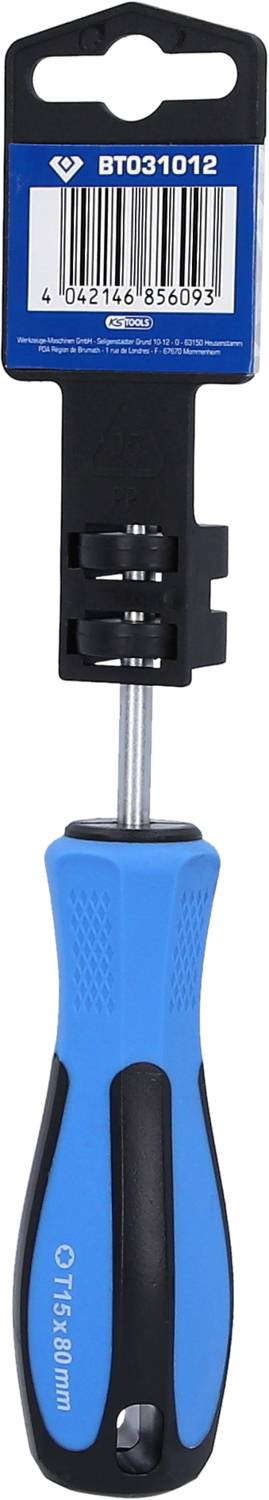 Blauer, ergonomischer Schraubenzieher mit schwarzer Spitze, geeignet für Torx-Schrauben. Verpackung zeigt Barcode und Modellnummer.