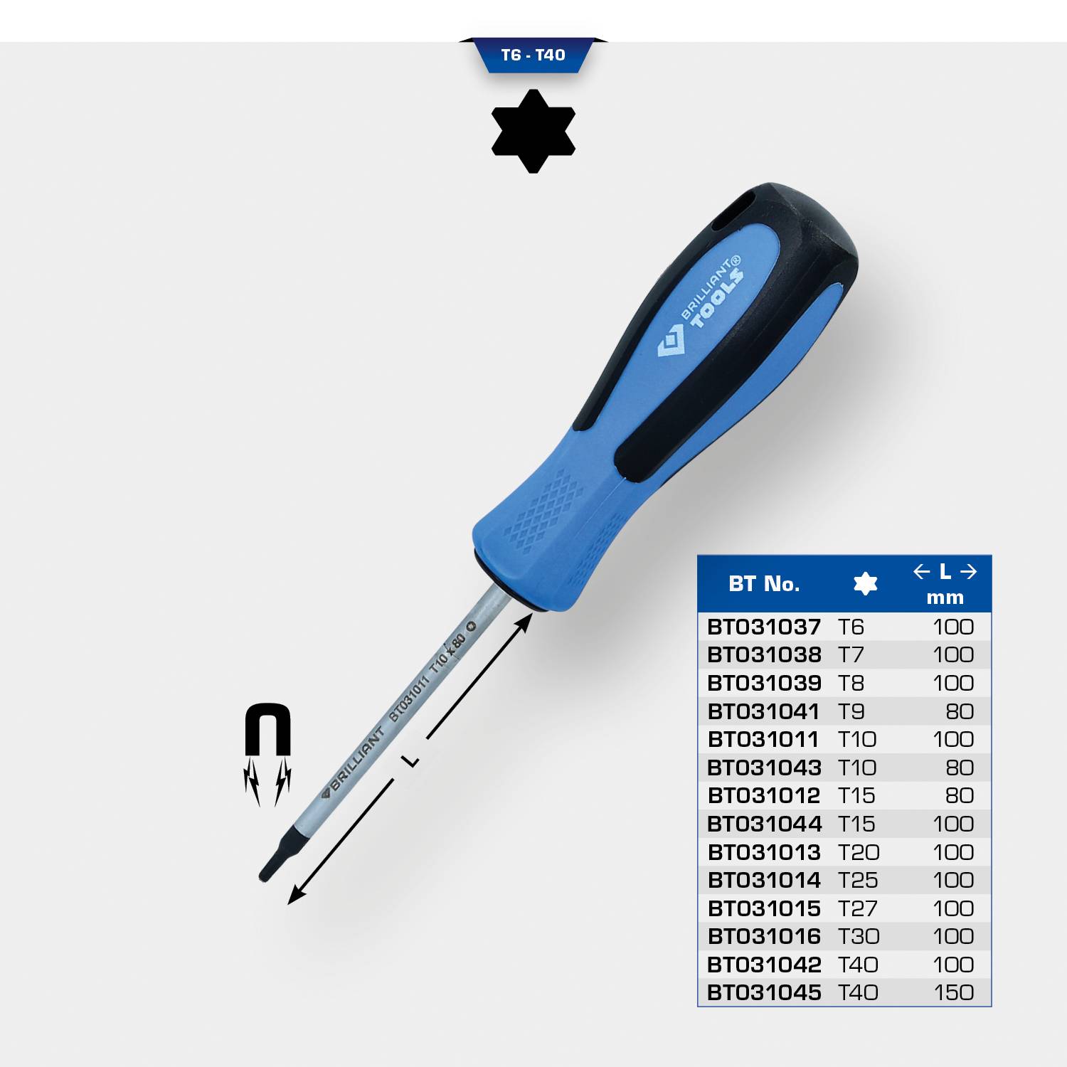 Schraubendrehersatz mit magnetischem Torx-Aufsatz T6 bis T40. Griff in Blau und Schwarz. Tabelle zeigt Modellnummern und Größen.