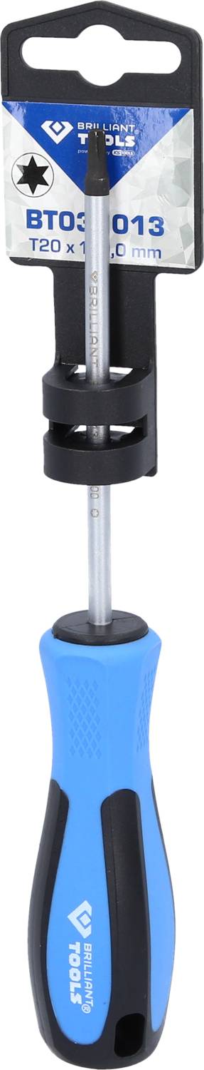 Schraubendreher mit blau-schwarzem Griff und T20-Kopf, befestigt an einer Verpackung mit Produktinformationen.