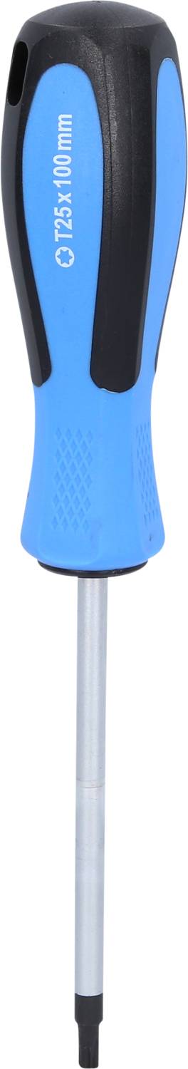 Blauer Schraubenzieher mit schwarzem Griff, Spitze ist flach, Griff hat Text '7,5x1,0 mm'. Geeignet für Schlitzschrauben.