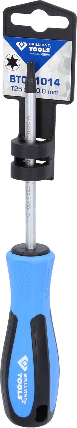 Blauer Schraubendreher mit schwarzem Griff und abnehmbarem Bit. Auf dem Etikett oben steht 'BTC-1014 T25 100 mm'.