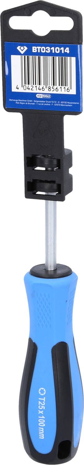 Schraubendreher mit blau-schwarzem Griff, geeignet für Kreuzschlitzschrauben. Verpackung enthält Produktname und Barcode am oberen Ende.