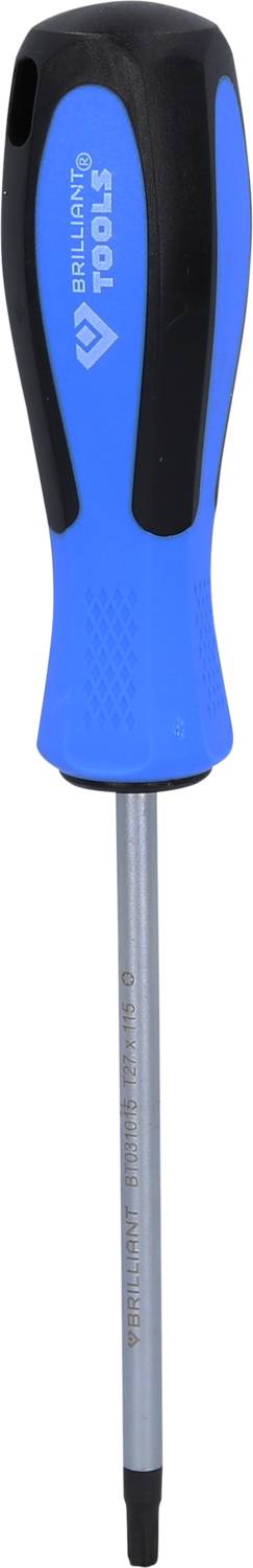 Ein blauer Schraubendreher mit schwarzem Griff, geeignet für Kreuzschlitzschrauben, isolierter Schaft für zusätzlichen Schutz.