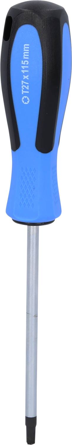 Schraubendreher mit blauem Griff und schwarzem Akzent. Langer, metallischer Schaft, geeignet für Kreuzschlitzschrauben.
