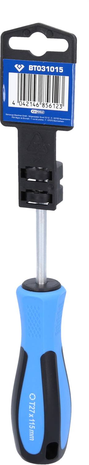 Blauer Schraubendreher mit schwarzem Griff und einem schwarzen Kunststoffaufsatz am oberen Ende.