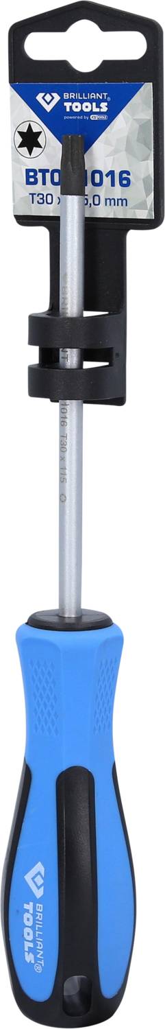 Blauer Schraubendreher mit schwarzem Griff und magnetischer Spitze, präsentiert auf einer schwarzen Halterung mit Markenlogo.