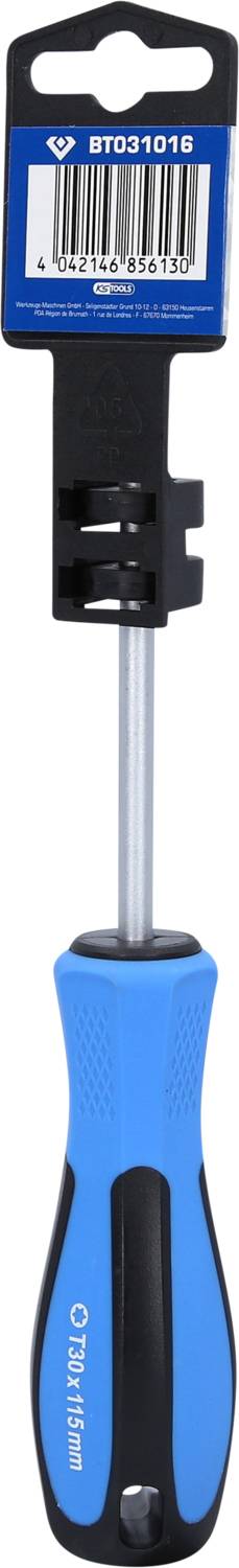 Blauer Schraubendreher mit schwarzem, abnehmbarem Bit-Halter und Barcode auf der Verpackung oben. Geeignet für verschiedene Schraubenköpfe.