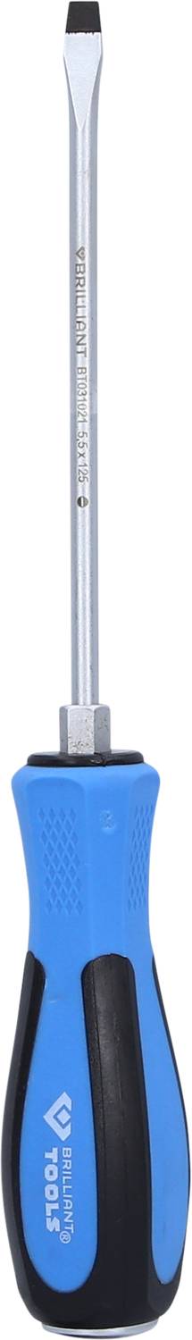 Ein Schraubenzieher mit blau-schwarzem Griff und flacher Spitze. Geeignet für das Anziehen oder Lösen von Schrauben mit Schlitzkopf.