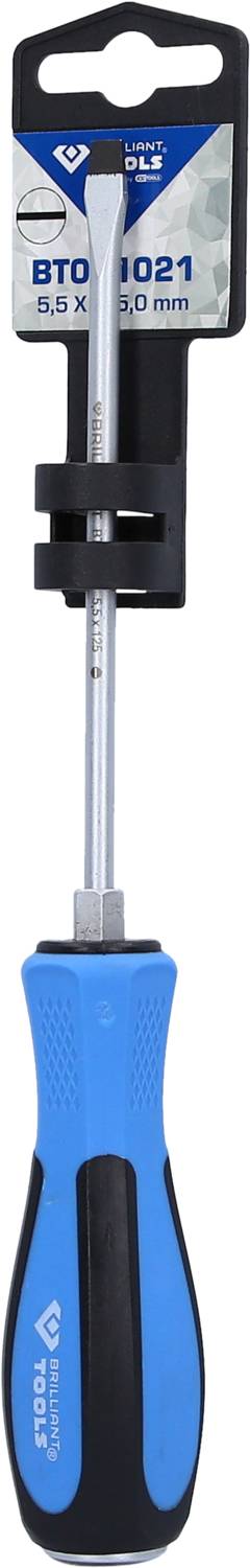 Ein Schraubenzieher mit blauem Griff auf einer Verpackung, gekennzeichnet als 6,5 x 150 mm.