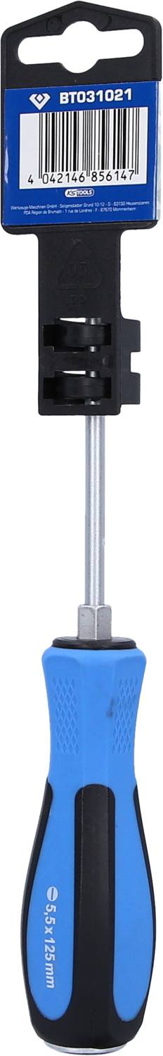 Blauer und schwarzer Schraubendreher mit Barcode-Etikett an der Spitze des Griffs.