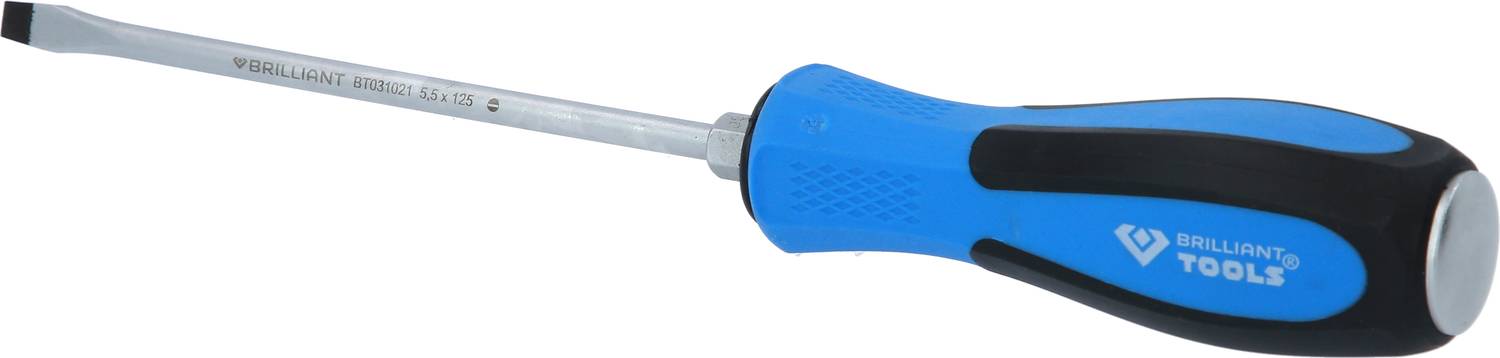 Schlitzschraubendreher mit blauem Griff und schwarzer Gummierung, für handwerkliche Arbeiten geeignet.