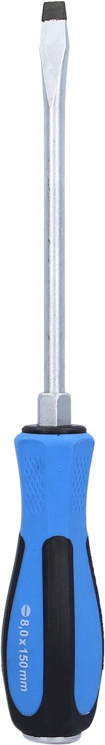 Flacher Schraubendreher mit blau-schwarzem Griff und Metallklinge, vertikal ausgerichtet.