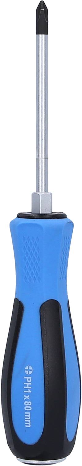 Kreuzschlitzschraubendreher mit blauem, ergonomischem Griff und silberner Spitze, geeignet für vielseitige Schraubarbeiten.