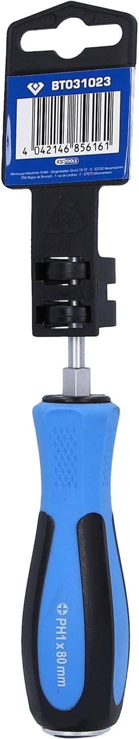 Blauer Schraubendreher mit schwarzem Griff und Bit-Aufbewahrung auf der Rückseite. Produktcode 'BT031023' oben abgebildet.