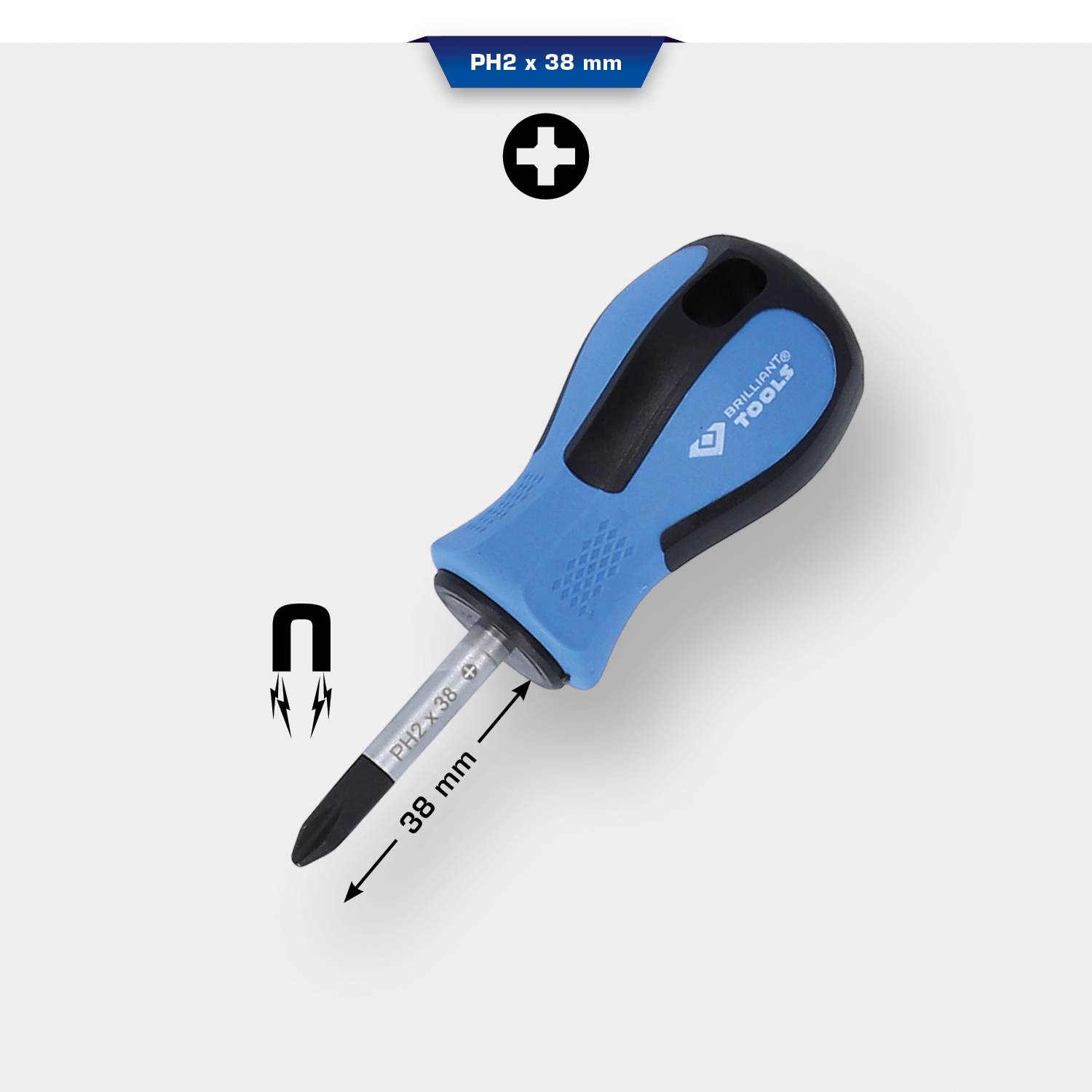 Ein blauer Schraubendreher mit schwarzer Spitze, gekennzeichnet mit 'PH2 x 38 mm', zeigt eine Magnetfunktion durch ein Symbol.