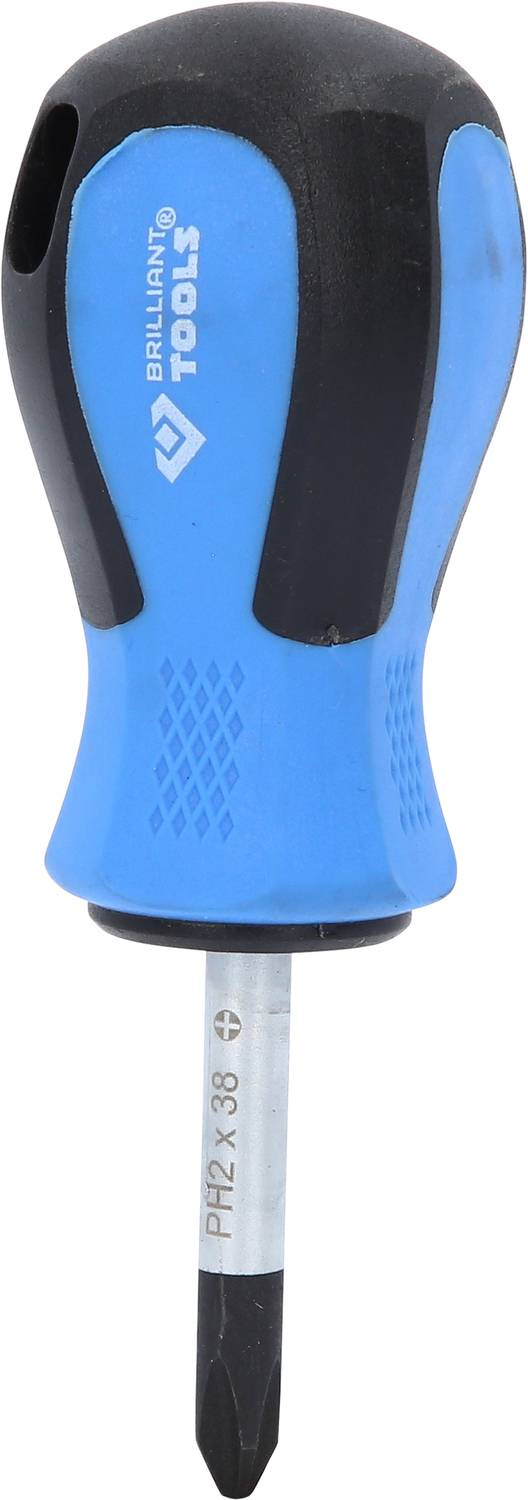 Blauer Schraubendreher mit schwarzem Griff und Kreuzschlitzspitze, auf der der Text 'PH2 x 38' steht. Geeignet für Kreuzschlitzschrauben.