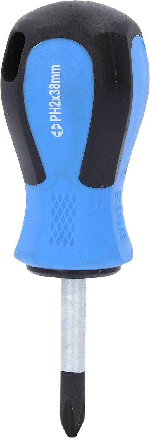 Ein blauer Kreuzschlitz-Schraubendreher mit einem ergonomischen Griff und einer kurzen Metallspitze, geeignet für feinere Arbeiten.