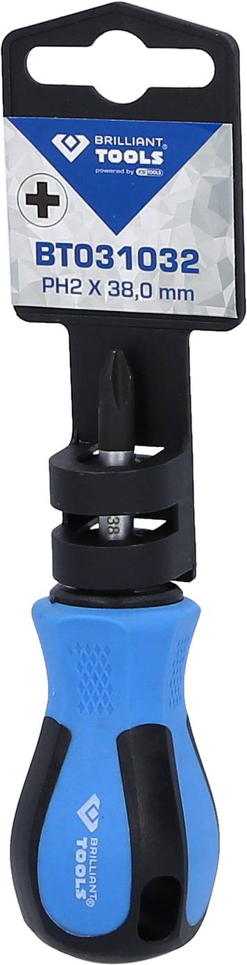 Ein blauer Schraubendreher mit Bitwechselmechanismus. Text auf Etikett: 'BT031032 PH2 x 38,0 mm'.