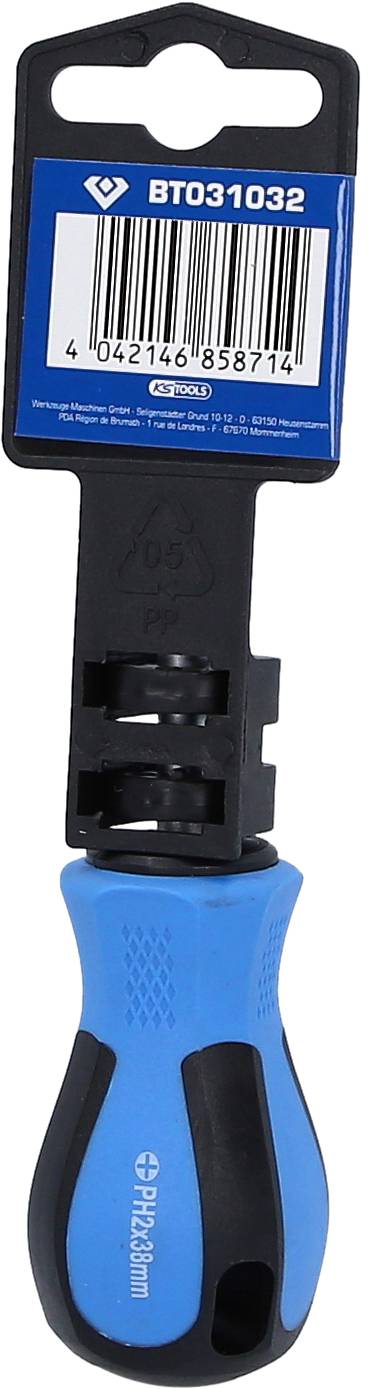 Ein blauer Schraubendreher mit ergonomischem Griff und schwarzer Halterung in der Verpackung, für allgemeine Heimwerkerarbeiten geeignet.