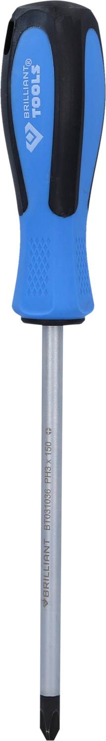 Kreuzschlitz-Schraubendreher mit blau-schwarzem Griff und silberner, metallischer Spitze.