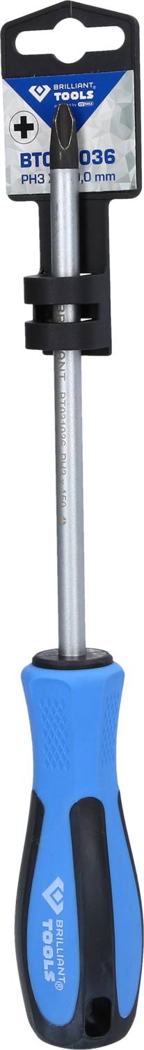 Ein blauer Schraubendreher mit schwarzem Griff und Kreuzschlitzklinge, geeignet zum Festziehen und Lösen von Schrauben.