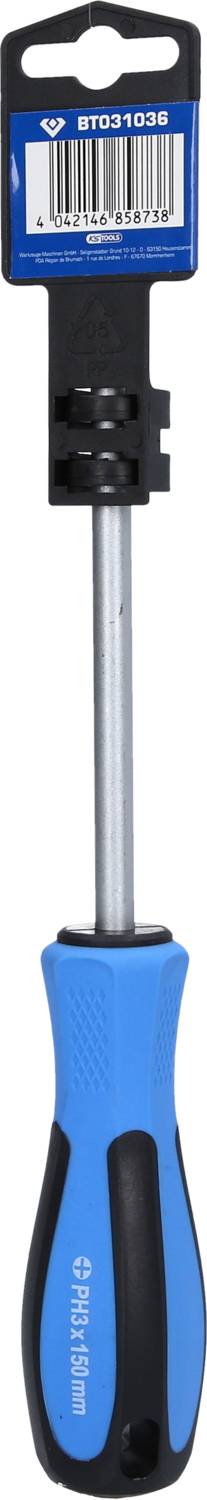 Blauer Schraubendreher mit schwarzem Griff, hängend an einer Produktverpackung mit Barcode.