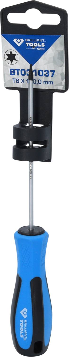 Blauer Schraubendreher mit schwarzem Griff und einem Etikett auf dem 'BT031037' steht. T6 x 100 mm wird ebenfalls aufgeführt.