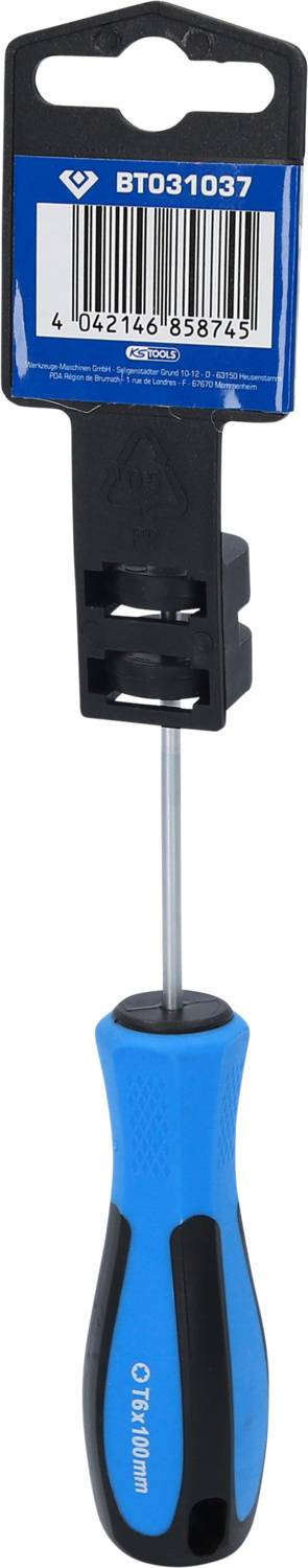 Blauer Schraubendreher mit schwarzem Griff und silberner Stange, aufgehängt an einer Halterung mit einem Barcode und der Nummer 'BT031037'.