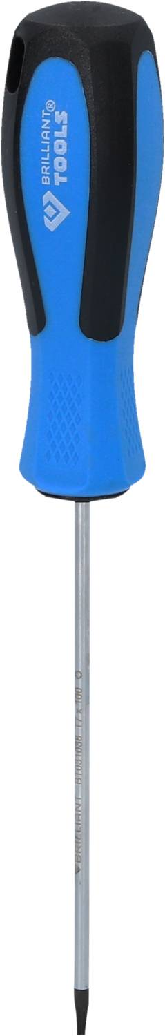 Ein blauer Schraubendreher mit schwarzem Griff, geeignet für Präzisionsarbeiten; das Firmenlogo ist auf dem Griff abgebildet.
